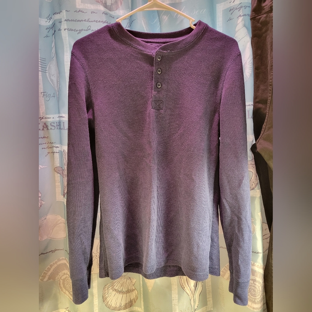 Faded Glory S/CH Unisex Long Sleeve Navy Blue Waffle Knit Thermal Shirt